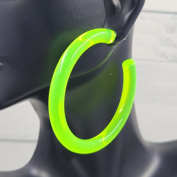 2" Yellow 80's Retro Neon Translucent Tube Lucite Hoop Earrings - Picture 9 of 11